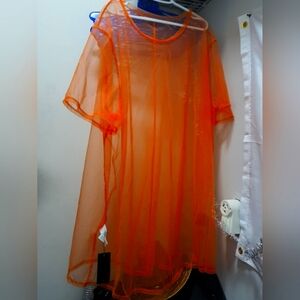 Shein Women's Orange Lace Dress Shirt